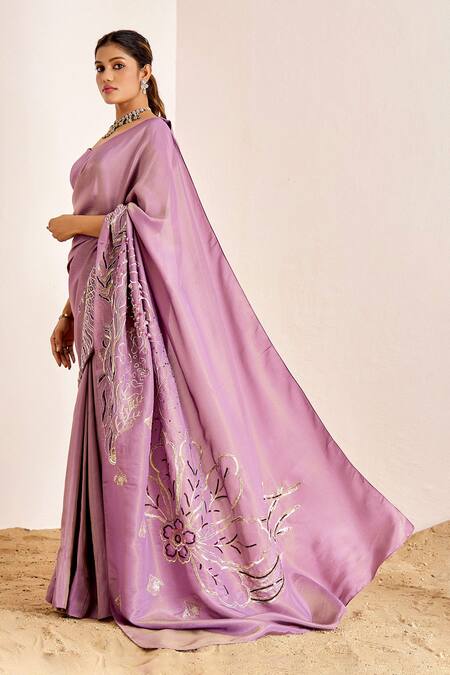 Suruchi Parakh_Purple Georgette, Silk Sequins, Beads Floral Embroidered Saree With Plain Blouse _Online_at_Aza_Fashions