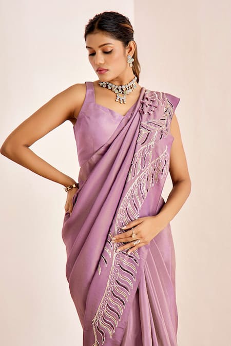 Shop_Suruchi Parakh_Purple Georgette, Silk Sequins, Beads Floral Embroidered Saree With Plain Blouse _Online_at_Aza_Fashions