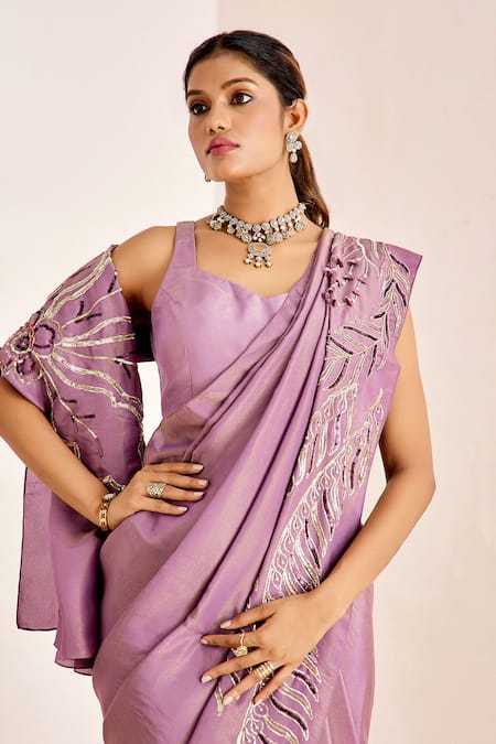 Suruchi Parakh_Purple Georgette, Silk Sequins, Beads Floral Embroidered Saree With Plain Blouse _at_Aza_Fashions