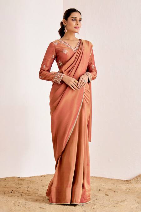 Suruchi Parakh_Orange Georgette, Silk Zari, Shimmer Saree With Zardozi Embroidered Blouse _Online_at_Aza_Fashions
