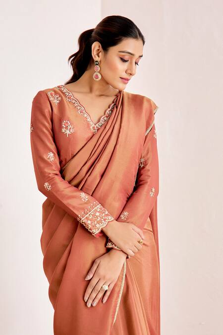 Shop_Suruchi Parakh_Orange Georgette, Silk Zari, Shimmer Saree With Zardozi Embroidered Blouse _Online_at_Aza_Fashions