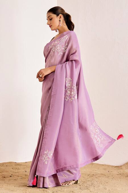 Suruchi Parakh_Purple Georgette, Silk Tassels, Floral Pitta Saree With Bustier Blouse _Online_at_Aza_Fashions
