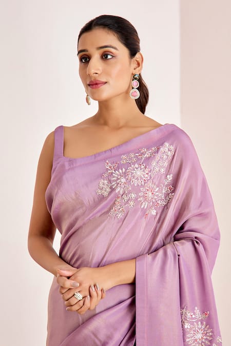 Buy_Suruchi Parakh_Purple Georgette, Silk Tassels, Floral Pitta Saree With Bustier Blouse _Online_at_Aza_Fashions