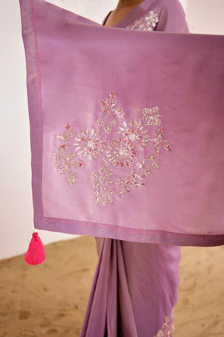 Shop_Suruchi Parakh_Purple Georgette, Silk Tassels, Floral Pitta Saree With Bustier Blouse _Online_at_Aza_Fashions