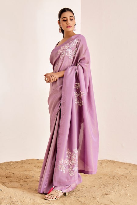 Suruchi Parakh_Purple Georgette, Silk Tassels, Floral Pitta Saree With Bustier Blouse _at_Aza_Fashions