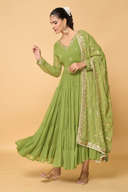 Buy_Naintara Bajaj_Green Faux Leather, Cotton Embroidery, Bloom Tiered Anarkali With Dupatta 
