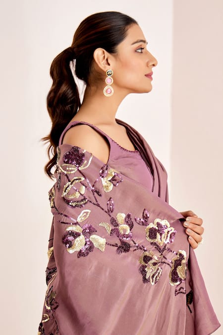 Suruchi Parakh_Purple Georgette, Silk Embroidery, Sequins Square Floral Saree With Blouse _Online_at_Aza_Fashions