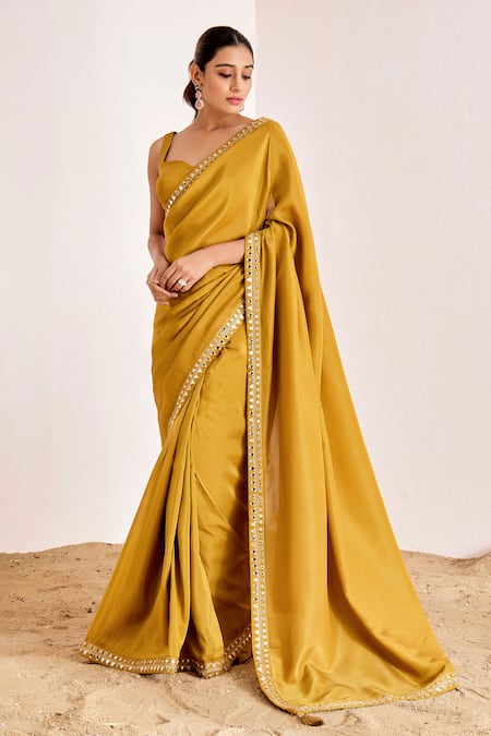 Suruchi Parakh_Yellow Georgette, Silk Mirrors Embroidered Border Saree With Bustier Blouse _Online_at_Aza_Fashions