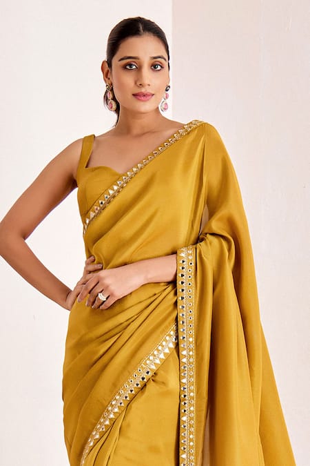 Buy_Suruchi Parakh_Yellow Georgette, Silk Mirrors Embroidered Border Saree With Bustier Blouse _Online_at_Aza_Fashions