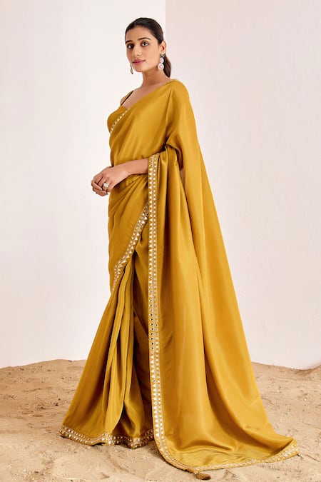 Shop_Suruchi Parakh_Yellow Georgette, Silk Mirrors Embroidered Border Saree With Bustier Blouse _Online_at_Aza_Fashions