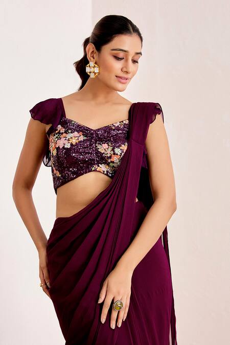Buy_Suruchi Parakh_Purple Georgette Sequins, Beads Solid Pre-draped Saree With Embellished Blouse _Online_at_Aza_Fashions