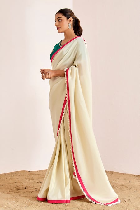 Suruchi Parakh_Off White Georgette, Silk Sequins Shell Border Saree With Embroidered Blouse _Online_at_Aza_Fashions
