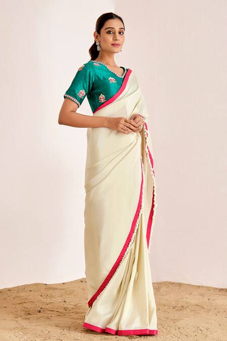 Buy_Suruchi Parakh_Off White Georgette, Silk Sequins Shell Border Saree With Embroidered Blouse _Online_at_Aza_Fashions