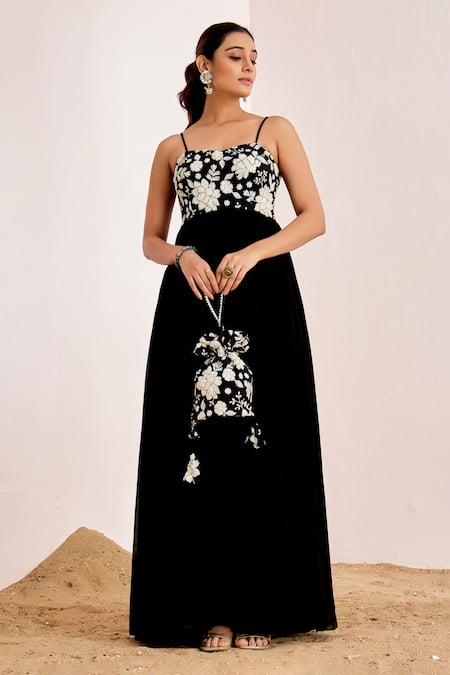 Suruchi Parakh_Black Georgette Embroidery, Sequins Floral Bodice Gown With Potli Bag _Online_at_Aza_Fashions