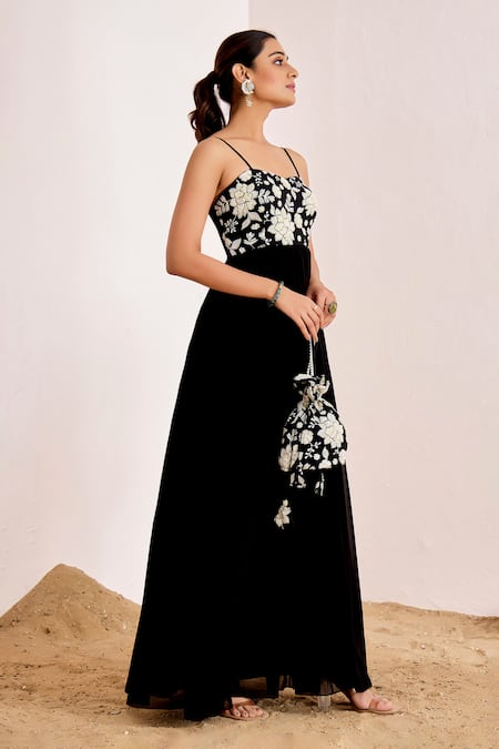 Buy_Suruchi Parakh_Black Georgette Embroidery, Sequins Floral Bodice Gown With Potli Bag _Online_at_Aza_Fashions