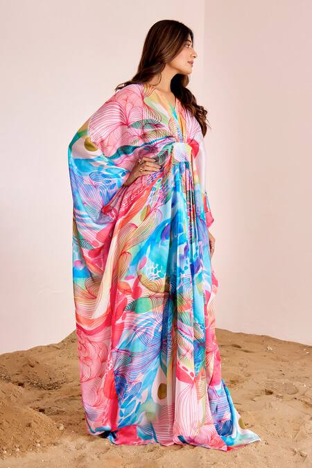 Suruchi Parakh_Multi Color Silk V-neck Abstract Print Kaftan _Online_at_Aza_Fashions