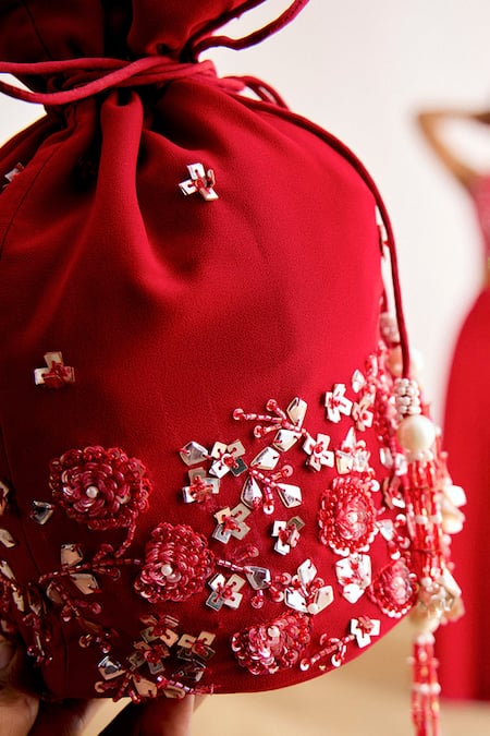 Suruchi Parakh_Red Georgette Embroidery, Sequins Halter Neck Floral Top And Skirt Set _Online_at_Aza_Fashions