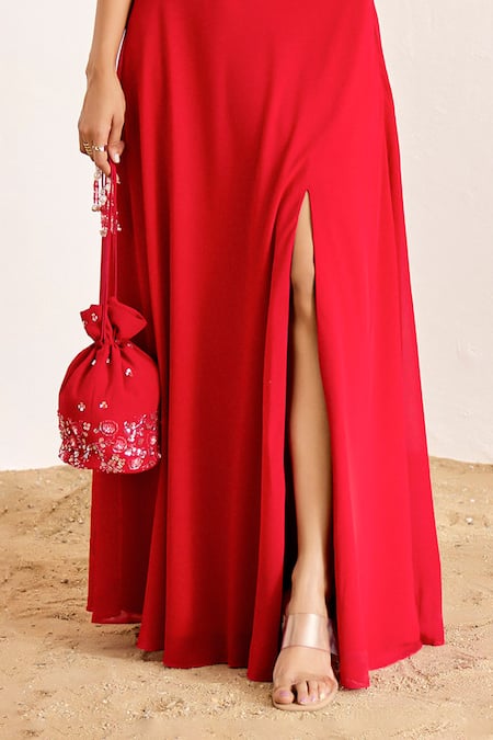 Buy_Suruchi Parakh_Red Georgette Embroidery, Sequins Halter Neck Floral Top And Skirt Set _Online_at_Aza_Fashions