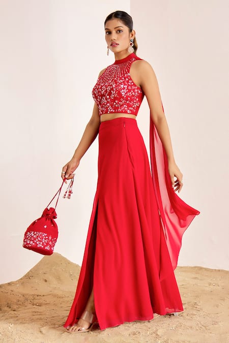 Shop_Suruchi Parakh_Red Georgette Embroidery, Sequins Halter Neck Floral Top And Skirt Set _Online_at_Aza_Fashions