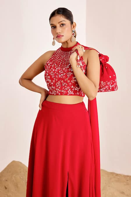 Suruchi Parakh_Red Georgette Embroidery, Sequins Halter Neck Floral Top And Skirt Set _at_Aza_Fashions