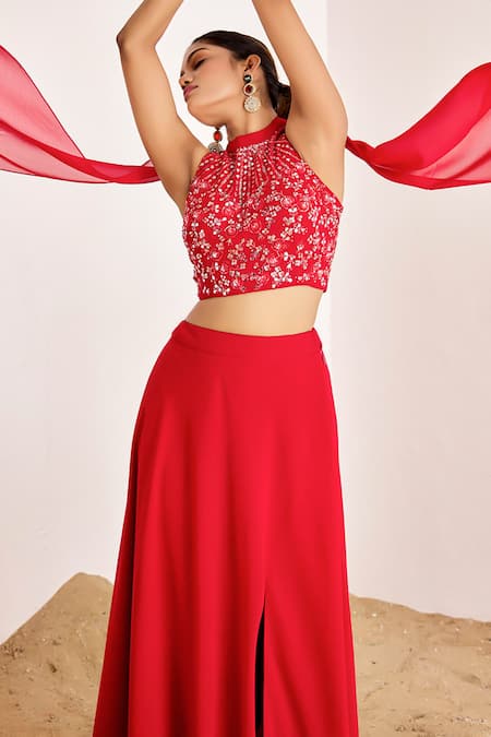 Buy_Suruchi Parakh_Red Georgette Embroidery, Sequins Halter Neck Floral Top And Skirt Set 