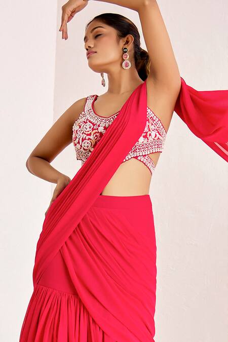 Suruchi Parakh_Pink Georgette Sequins V-neck Pre-draped Lehenga Saree With Embroidered Blouse _Online_at_Aza_Fashions