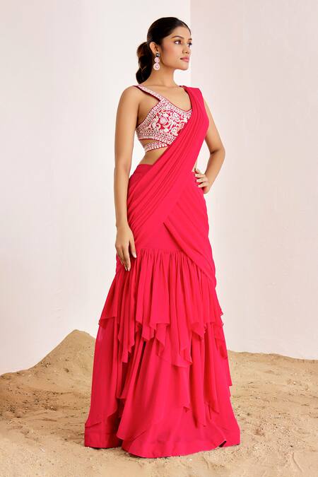Buy_Suruchi Parakh_Pink Georgette Sequins V-neck Pre-draped Lehenga Saree With Embroidered Blouse _Online_at_Aza_Fashions