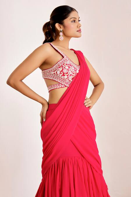 Shop_Suruchi Parakh_Pink Georgette Sequins V-neck Pre-draped Lehenga Saree With Embroidered Blouse _Online_at_Aza_Fashions