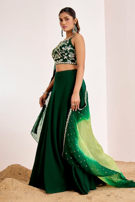 Suruchi Parakh_Green Georgette, Organza Sequins, Embroidery Floral Blouse And Lehenga Set _at_Aza_Fashions