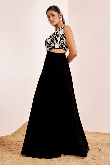 Suruchi Parakh_Black Georgette Sequins, Embroidery Asymmetric Floral Gown _Online_at_Aza_Fashions