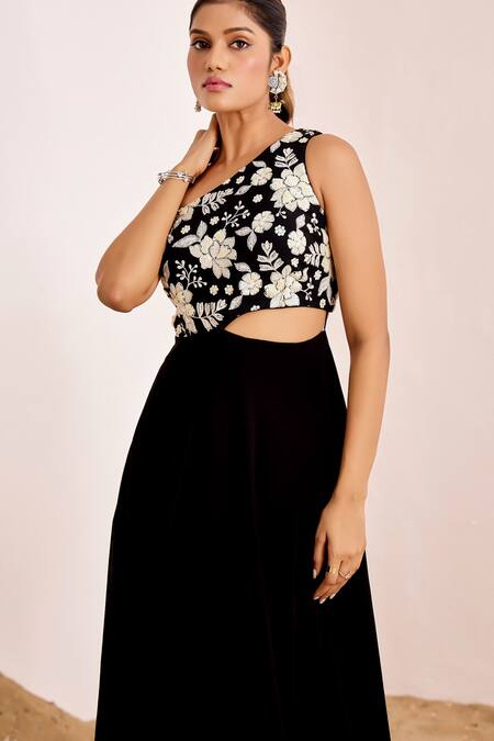 Shop_Suruchi Parakh_Black Georgette Sequins, Embroidery Asymmetric Floral Gown _Online_at_Aza_Fashions