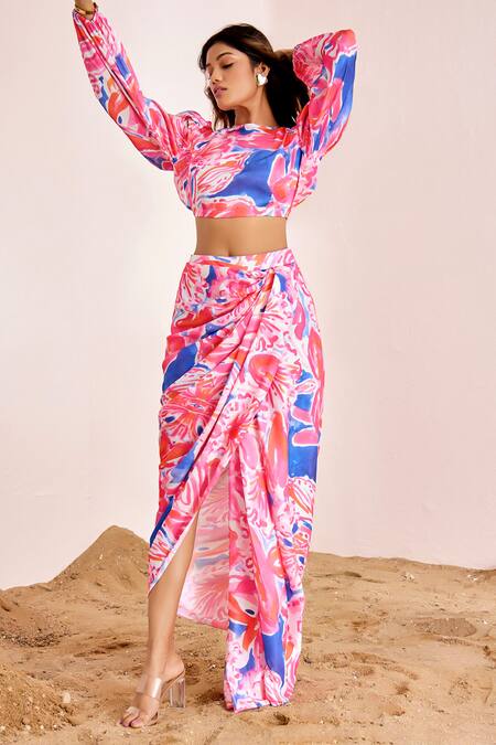 Suruchi Parakh_Multi Color Silk, Satin Round Neck Abstract Print Puff Sleeve Set _Online_at_Aza_Fashions