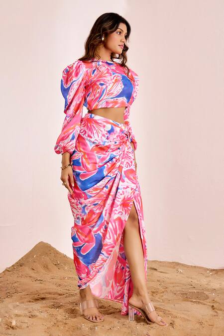 Buy_Suruchi Parakh_Multi Color Silk, Satin Round Neck Abstract Print Puff Sleeve Set _Online_at_Aza_Fashions