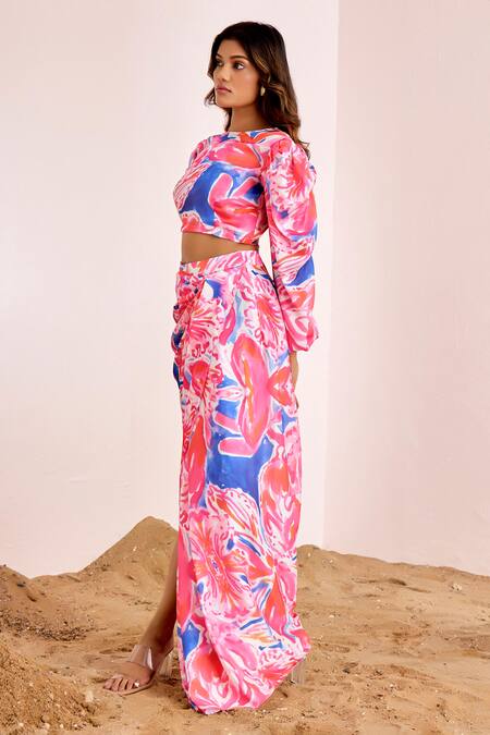 Shop_Suruchi Parakh_Multi Color Silk, Satin Round Neck Abstract Print Puff Sleeve Set _Online_at_Aza_Fashions