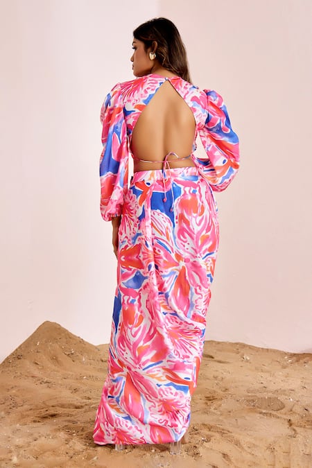 Shop_Suruchi Parakh_Multi Color Silk, Satin Round Neck Abstract Print Puff Sleeve Set _at_Aza_Fashions