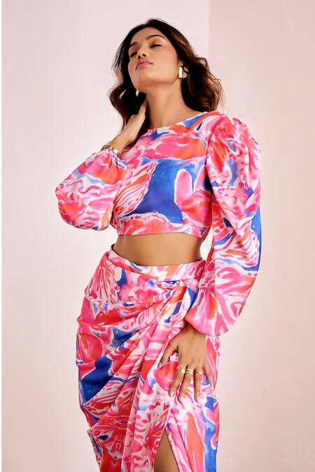 Suruchi Parakh_Multi Color Silk, Satin Round Neck Abstract Print Puff Sleeve Set _at_Aza_Fashions