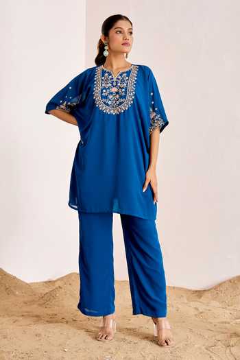 Suruchi Parakh_Blue Georgette Embroidery, Sequins Collared Hand Kaftan With Pant _Online_at_Aza_Fashions