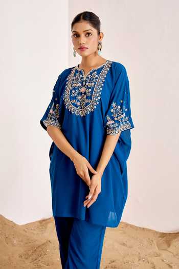 Shop_Suruchi Parakh_Blue Georgette Embroidery, Sequins Collared Hand Kaftan With Pant _Online_at_Aza_Fashions