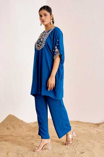 Buy_Suruchi Parakh_Blue Georgette Embroidery, Sequins Collared Hand Kaftan With Pant 