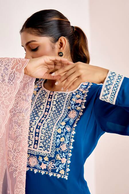 Shop_Suruchi Parakh_Blue Georgette, Organza Embroidery Round Neck Floral Bloom Kurta Pant Set _Online_at_Aza_Fashions