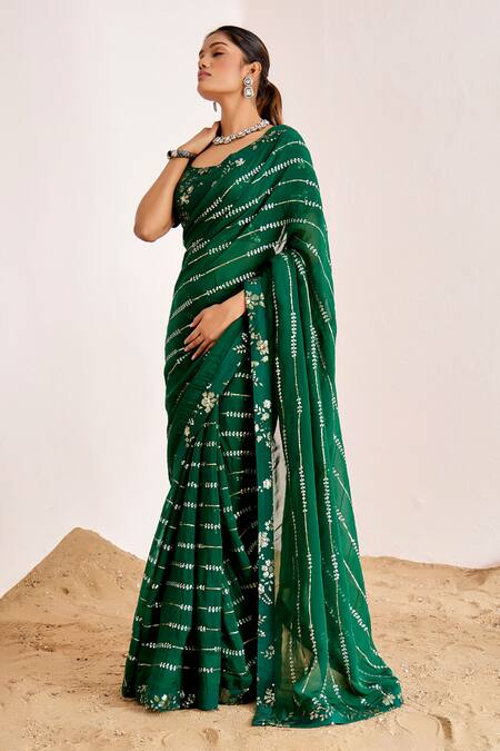 Suruchi Parakh_Green Organza, Satin Sequins, Embroidery Square Neck Saree With Blouse _Online_at_Aza_Fashions