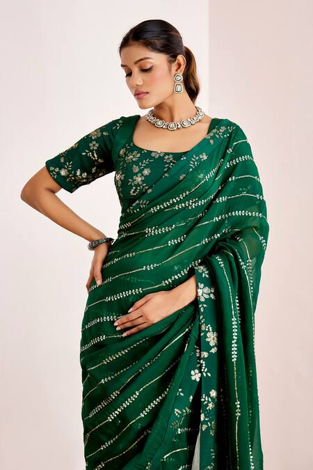 Shop_Suruchi Parakh_Green Organza, Satin Sequins, Embroidery Square Neck Saree With Blouse _Online_at_Aza_Fashions