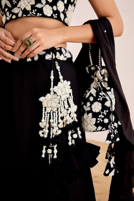 Suruchi Parakh_Black Georgette Embroidery, Sequins Asymmetric Floral Blouse Lehenga Set _Online_at_Aza_Fashions