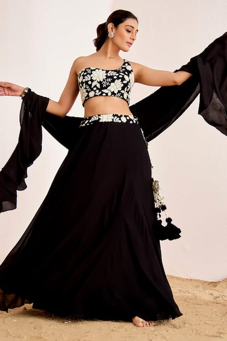 Buy_Suruchi Parakh_Black Georgette Embroidery, Sequins Asymmetric Floral Blouse Lehenga Set _Online_at_Aza_Fashions