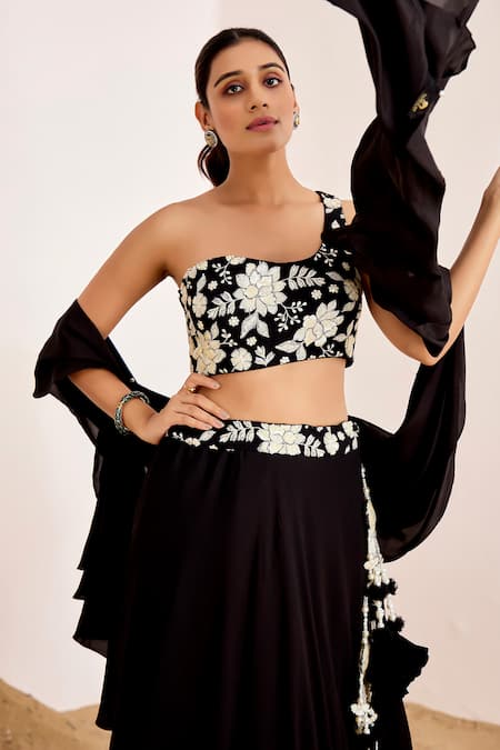 Suruchi Parakh_Black Georgette Embroidery, Sequins Asymmetric Floral Blouse Lehenga Set _at_Aza_Fashions