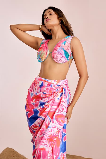 Buy_Suruchi Parakh_Multi Color Satin, Silk Abstract Print Bralette With Skirt _Online_at_Aza_Fashions