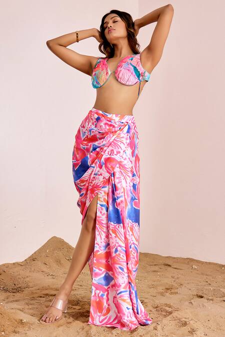 Suruchi Parakh_Multi Color Satin, Silk Abstract Print Bralette With Skirt _at_Aza_Fashions