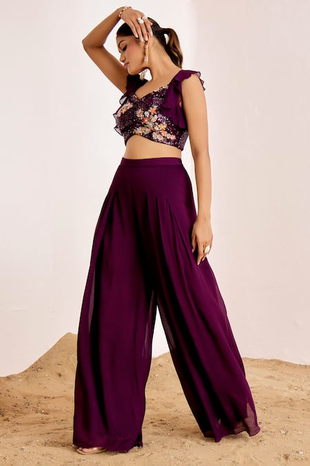 Buy_Suruchi Parakh_Purple Georgette Sequins Floral Bloom Embellished Cropped Top With Flared Pant _Online_at_Aza_Fashions