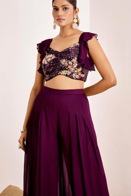 Shop_Suruchi Parakh_Purple Georgette Sequins Floral Bloom Embellished Cropped Top With Flared Pant _Online_at_Aza_Fashions