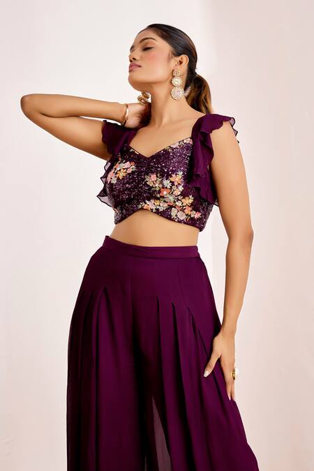 Suruchi Parakh_Purple Georgette Sequins Floral Bloom Embellished Cropped Top With Flared Pant _at_Aza_Fashions